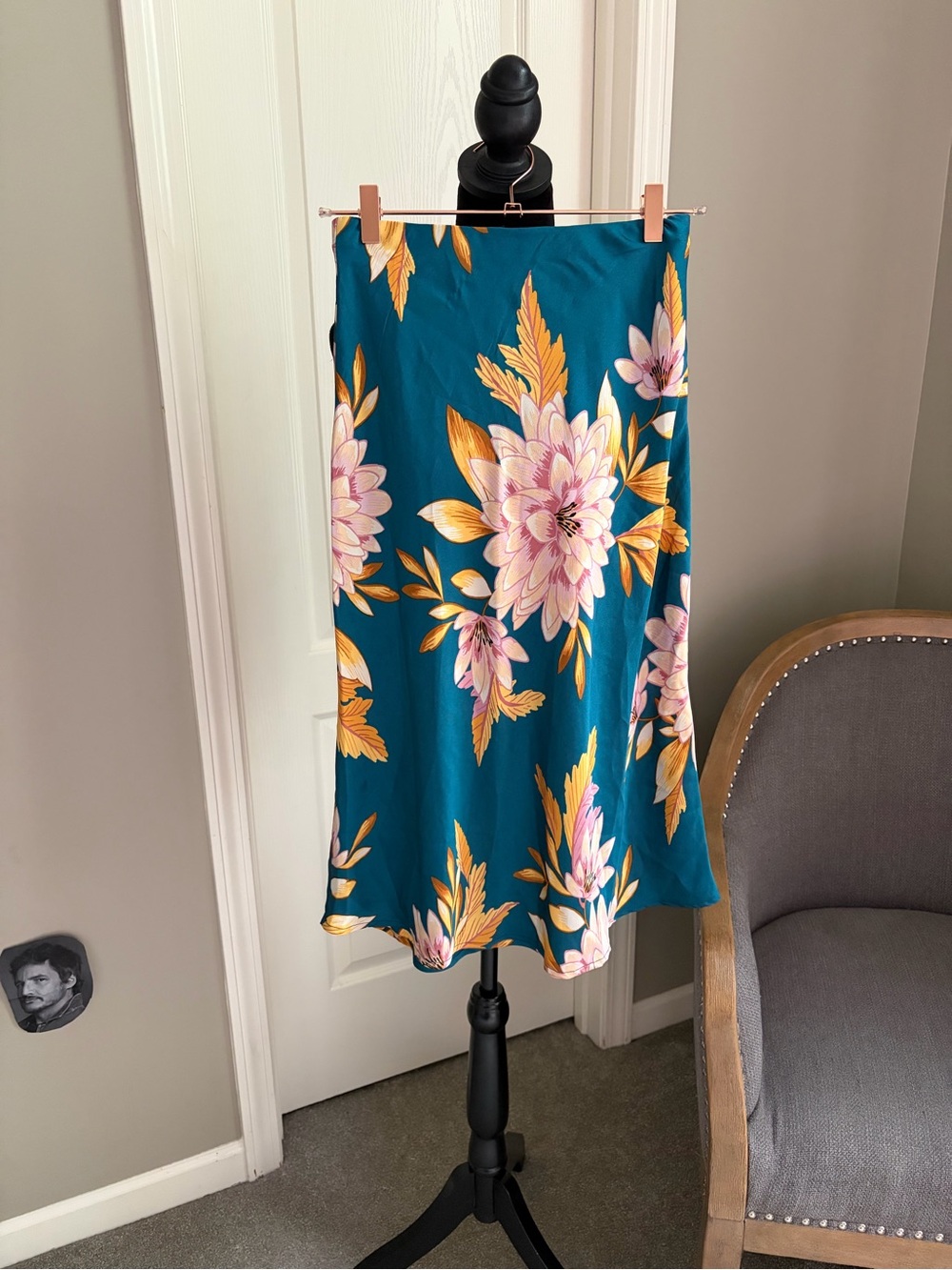 Forever 21 Teal Floral Midi Skirt with Pink & Yellow Blooms